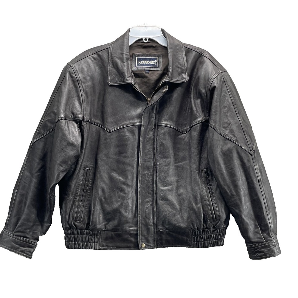 Saguaro Western Leather Bomber Jacket Men Large Baggy Biker Aviator Moto Y2K 90s